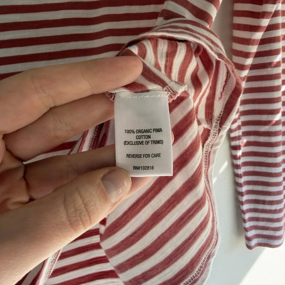 Garnet Hill Organic Pima Cotton Striped Mock Neck Pocket Tee Rust White XS